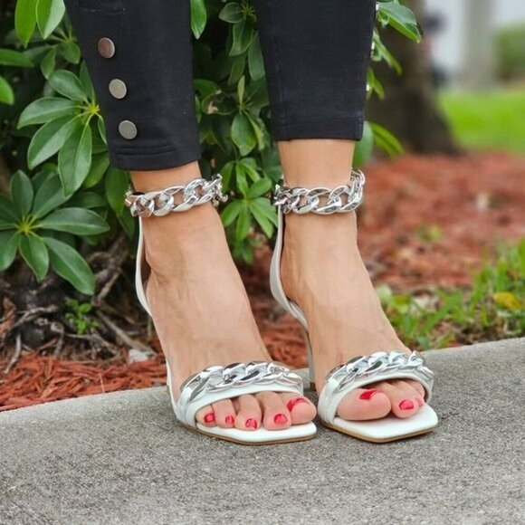 Womens White Ankle Strap Heels Chains Stiletto Sandals - Picture 2 of 5